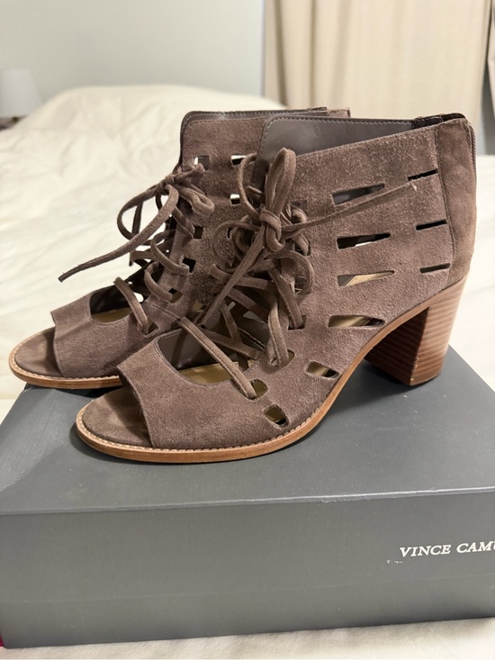 Vince Camuto Shoes - Vince Camuto Taupe Brown Suede Cutout Lace-Up Open-Toe Booties